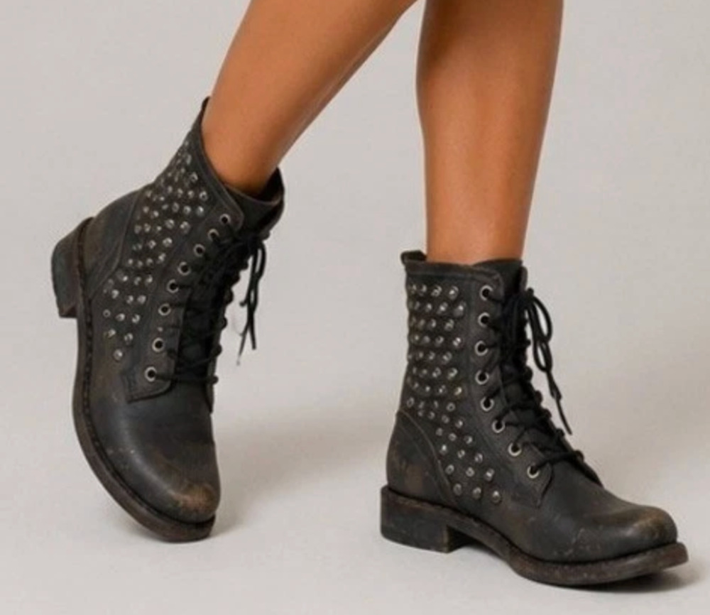 FRYE Jenna Rivet Studded Lace Up Mid Calf Boots Distressed Combat Moto Black 6